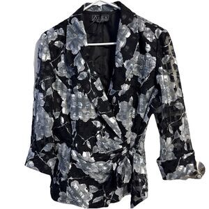 Alex Evenings Floral Faux Wrap Jacket Top Black Silver Portrait Collar No  Size